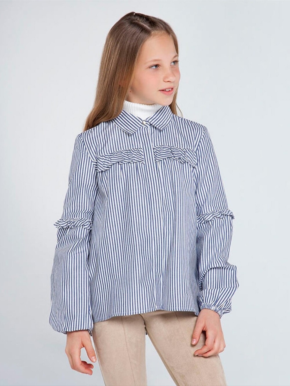 Mayoral Girls Metallic Striped Blue Ruffle-Trim Girls' Blouse Sz 8